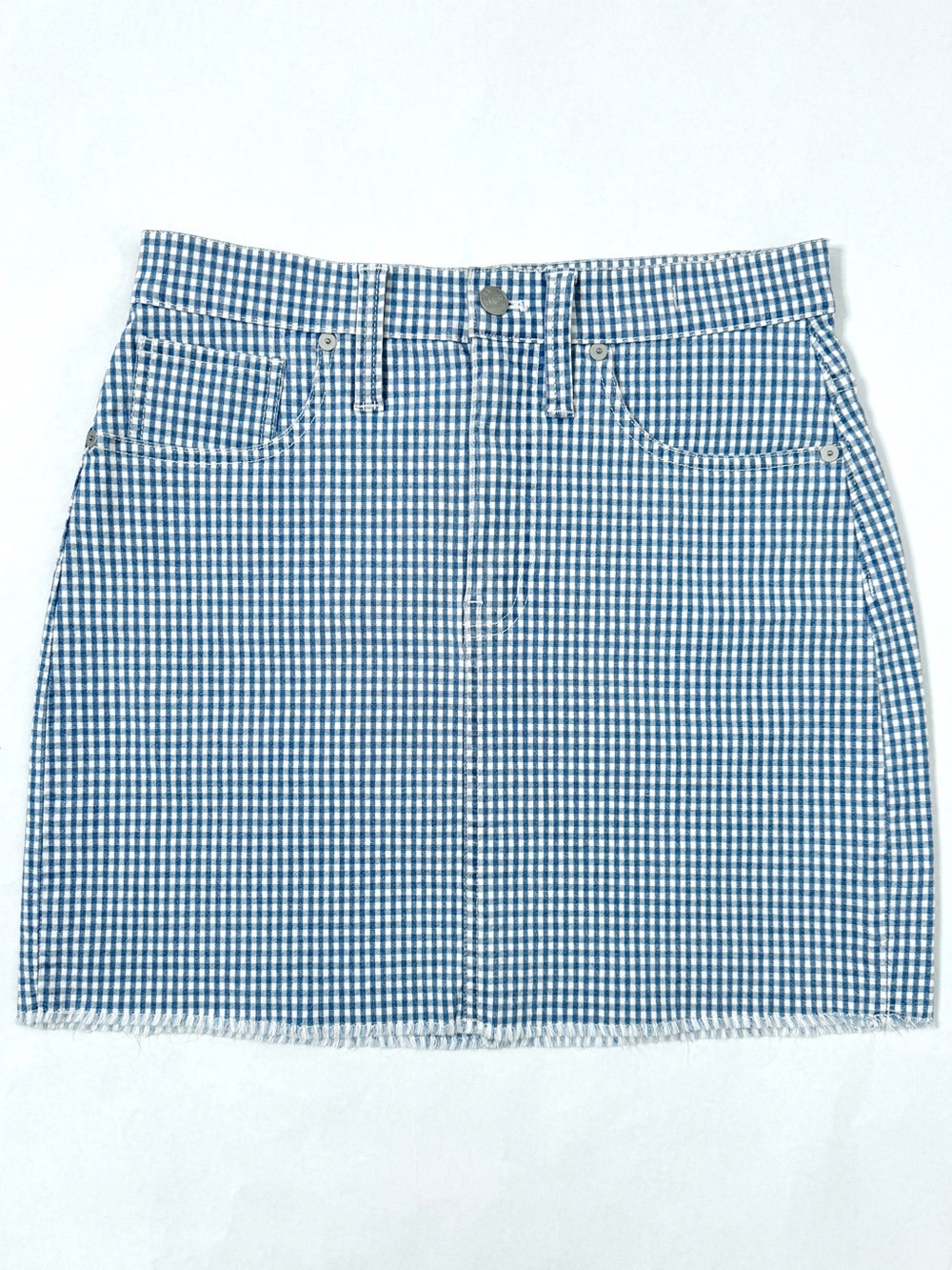 Madewell Blue Plaid Gingham Skirt Stretch Denim Mini Western Fringe Hem SZ 27